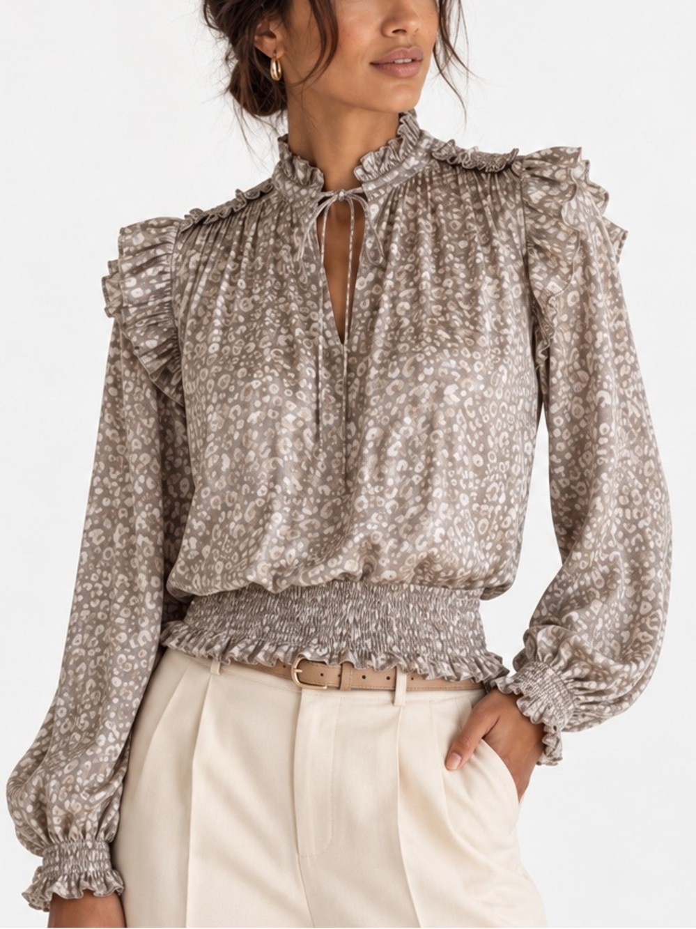 Grade & Gather Smocked Leopard Print Ruffle Blouse | Small